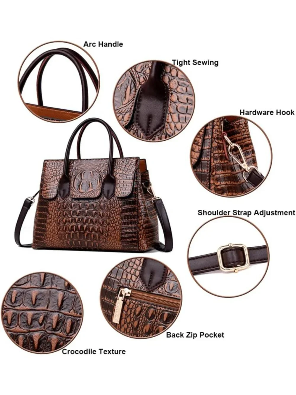 Stylish Women's Faux Leather Crocodile Embossed Satchel Handbag & Shoulder Bag